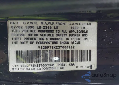 2003 Saab 9-3 Se from USA, damaged, VIN YS3DF78K237000262